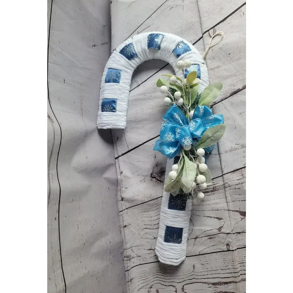 Blue Snowflake Candycane Wreath Handmade With Green Embelishment READ